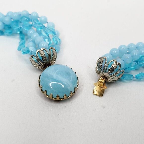 Vintage 7 Strand Plastic Bead Necklace Blue Multistrand Round Diamond Beads 24" - Picture 4 of 4